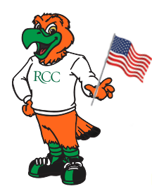 Rocky the Mascot holding the American Flag