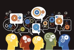 Many cartoon heads exchanging ideas and information