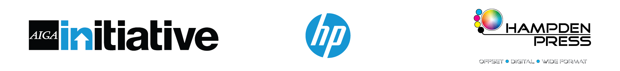 AIGA INitiative Logo, HP Logo, Hampden Press logo