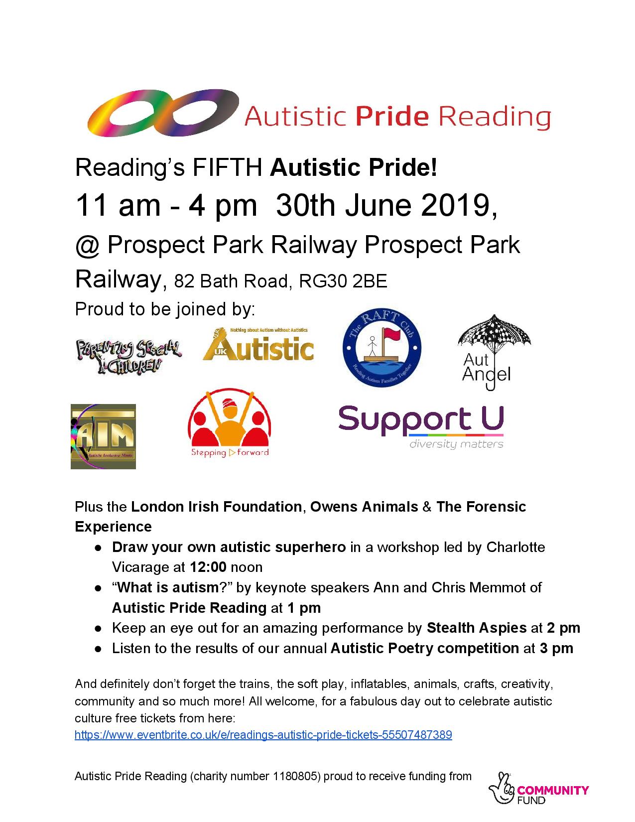 Autistic Pride Reading's 5 th year - ceebrating with Parenting Spcial children, Stepping Forward, RAFT, Stealth Aspies, Key note speach by an and CHris Memmot, POetry compeition results, London Irish Rugby, Infltables