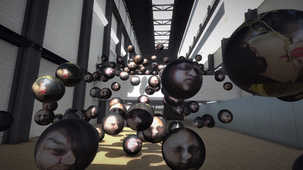 The image is set in a virtual version of the Turbine Hall at Tate Modern with large white walls and black timber crossings with light coming in the windowed ceiling. There are over 30 silvery balls of different sizes bouncing through the space and featuring different faces.