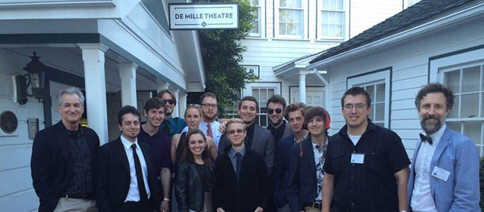 Cinema students and faculty outside of the historic Cecil B. Demille Theatre at the Culver Studios in Los Angeles for the 2015 Cinema Showcase.