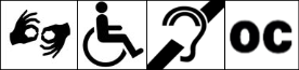 Accessibility symbols including American Sign Language, Universal symbol of access (wheelchair), Assisted listening, and open caption symbols.