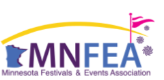 MNFEA logo, shape of Minnesota followed by MNFEA in block letters, and a pink wavy flag atop the A with a yellow line swooping over the entire image like a rainbow.