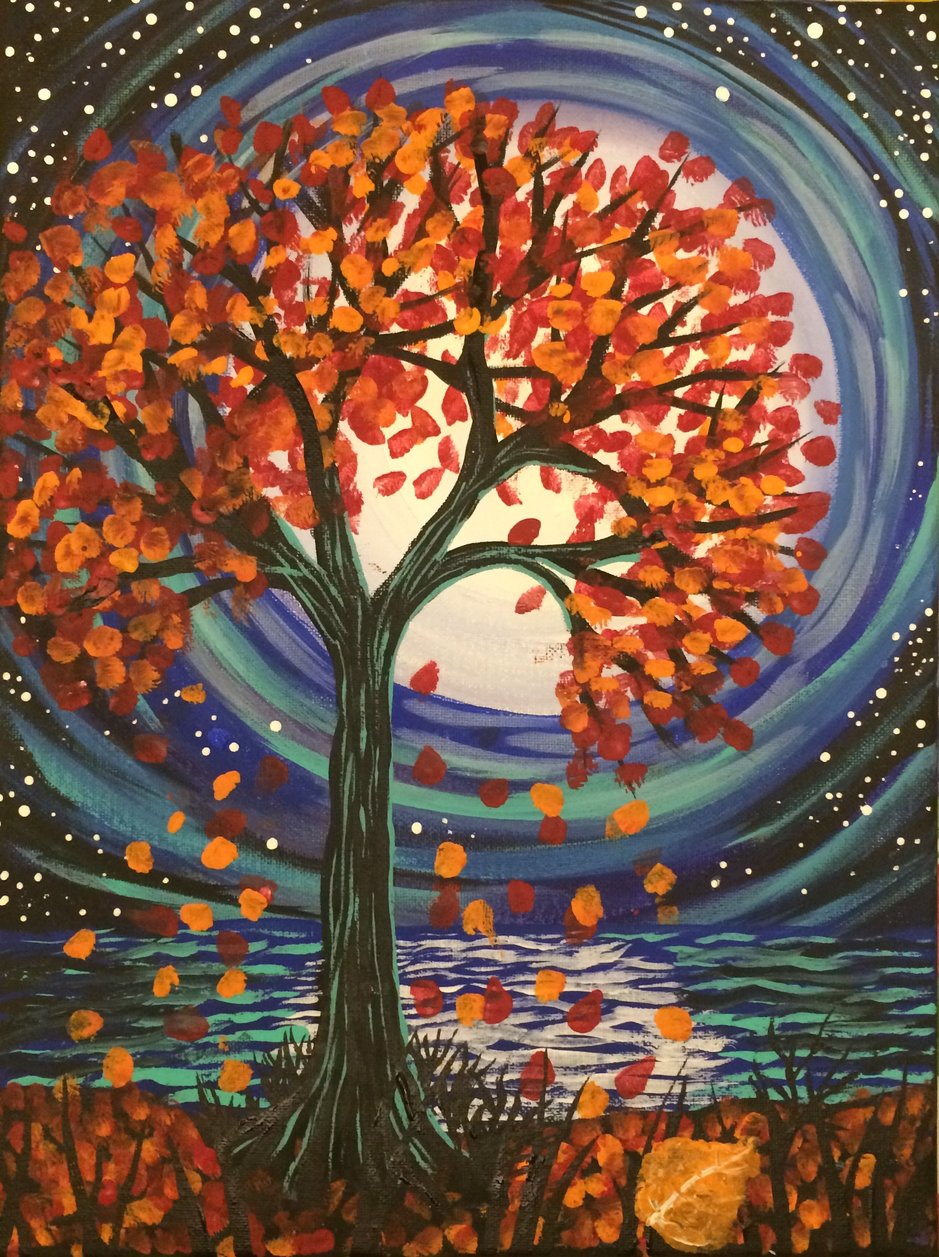 Painting of fall colours tree under full moon with stars
