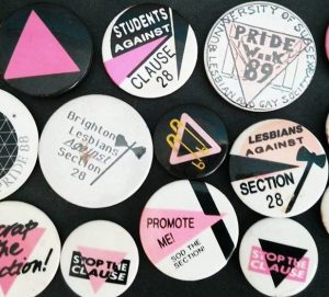 protest badges with anti Section 28 slogans