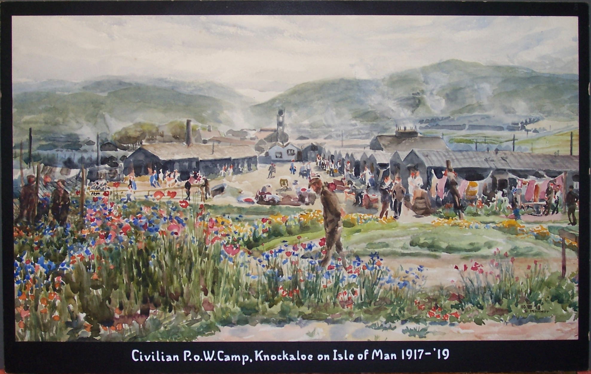 Watercolour of Knockaole a First World War Civilian P.o.W on the Isle of Man, by Internee George Kenner 1917-19