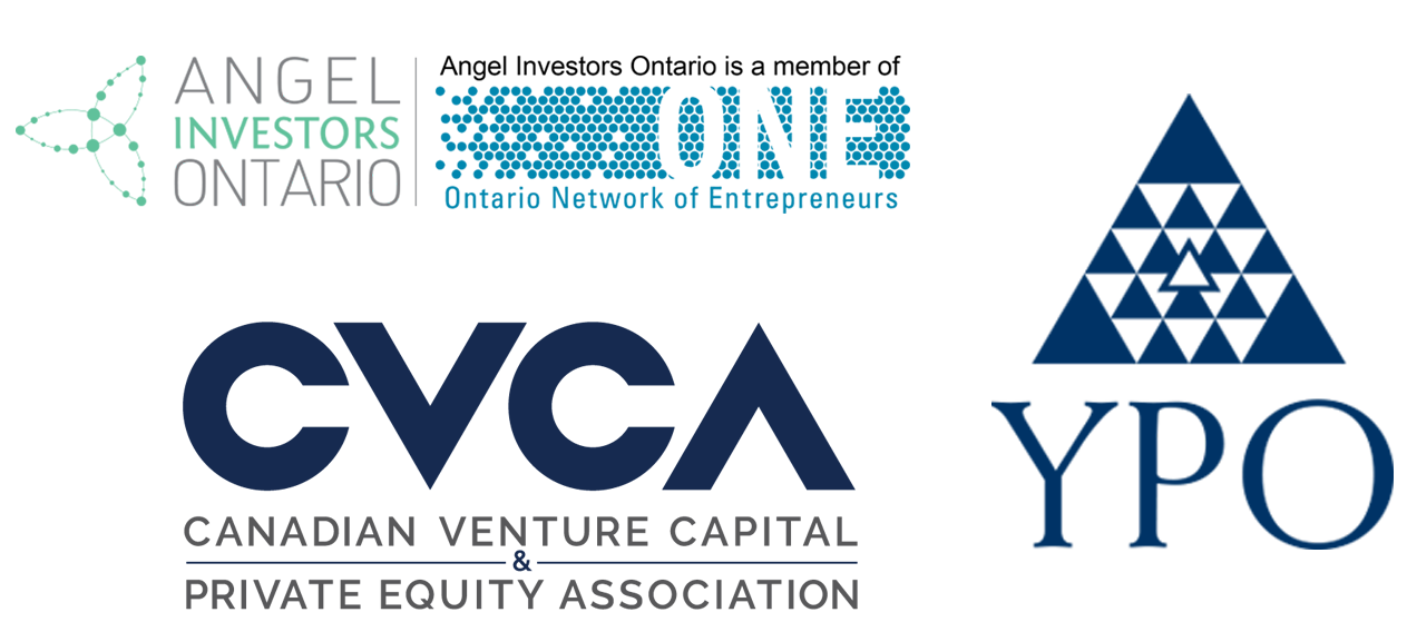 Logos for Angel Investors Ontario, CVCA, and YPO