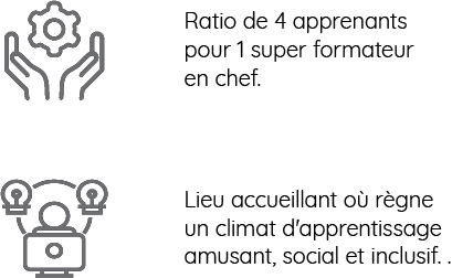 Ratio de 4 apprenants pour 1 super formateur en chef.  Lieu accueillant où règne un climat d'apprentissage amusant, social et inclusif.