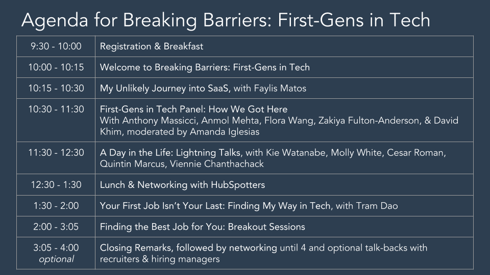 Schedule for first-gens in tech 2018