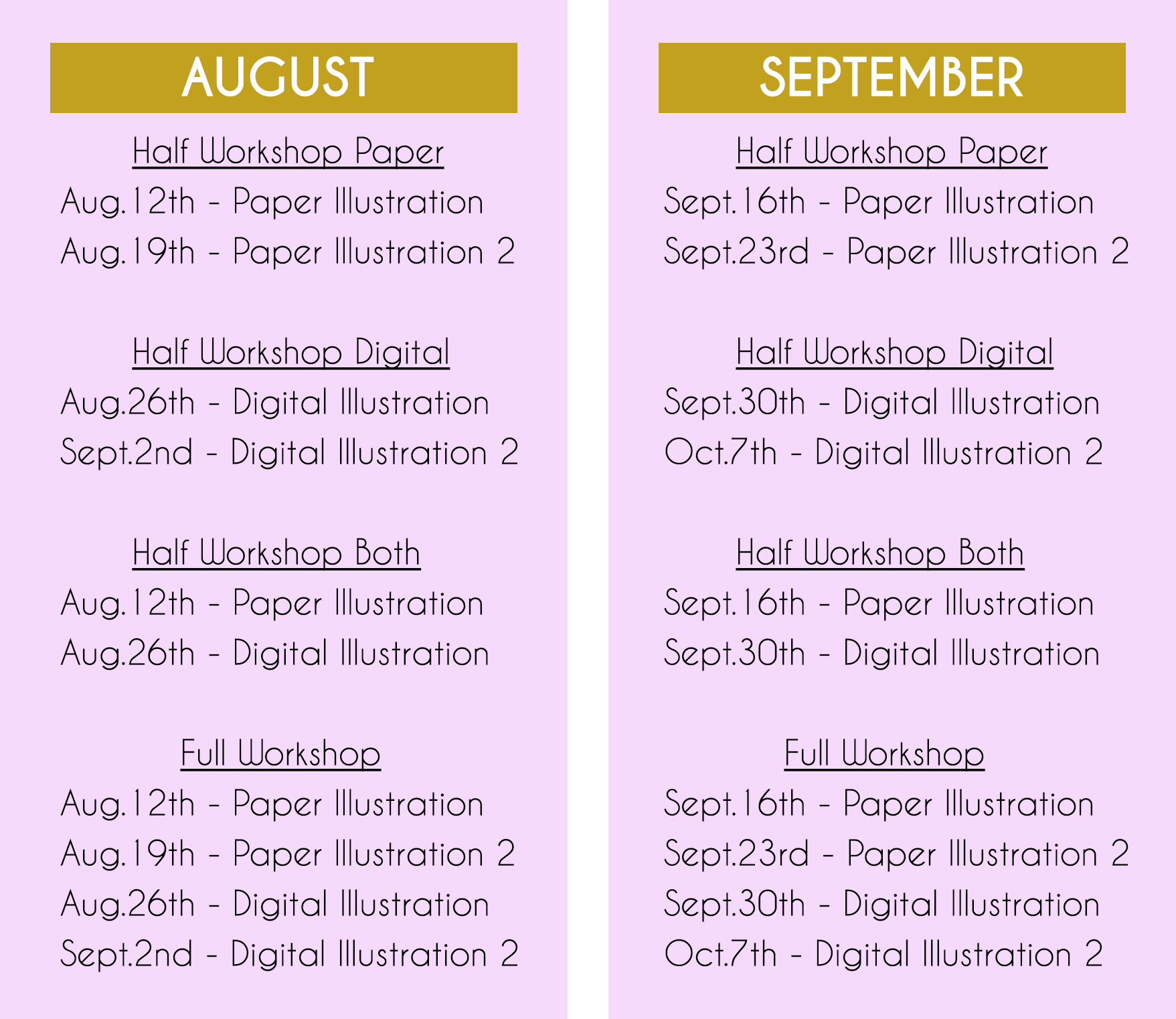 LA fashion illustration workshop dates for August and September
