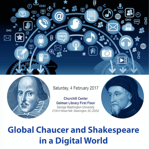 Chaucer and Shakespeare with a cloud of digital images connecting them above their heads.