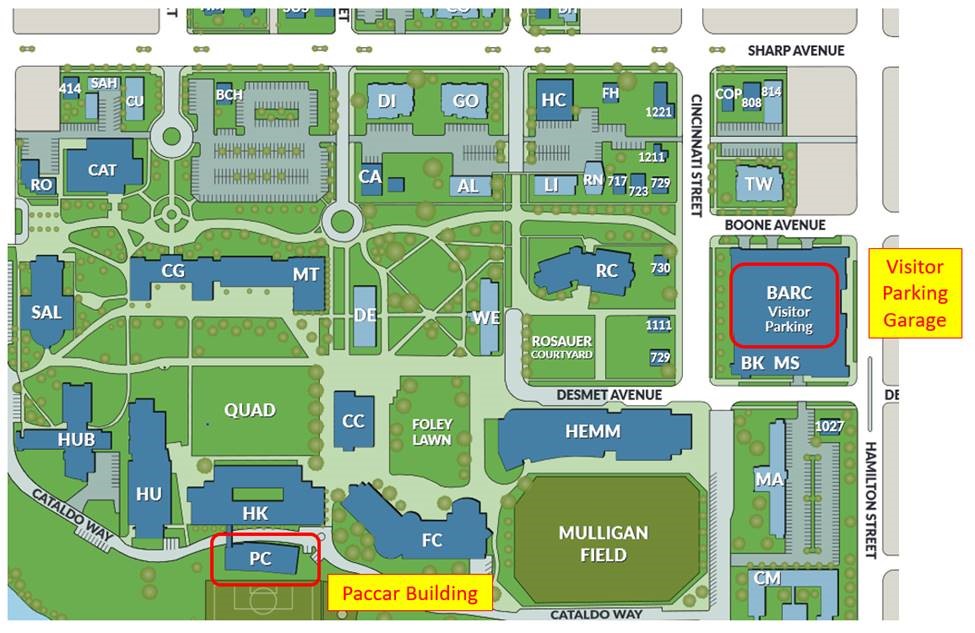 map of Gonzaga campus that highlights the BARC visitor parking and Paccar Building