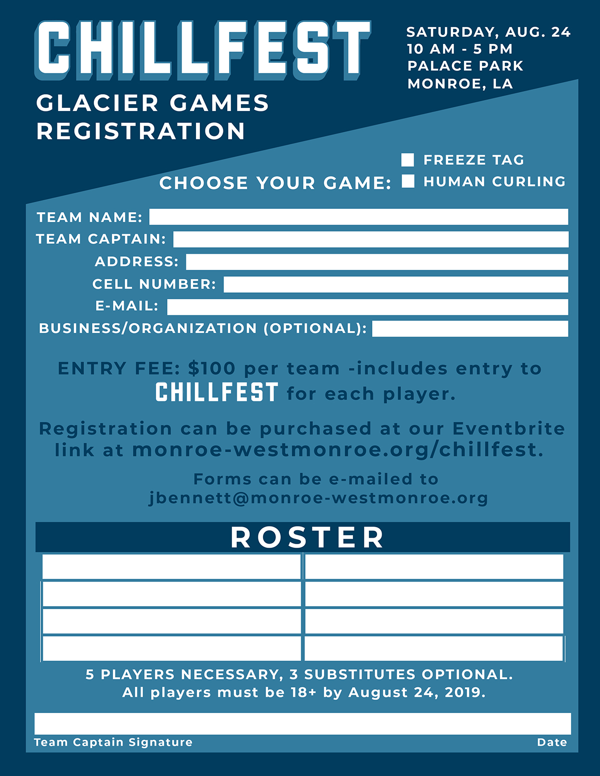 Glacier Games Registration Form, Freeze Tag, Human Curling, Monroe, LA