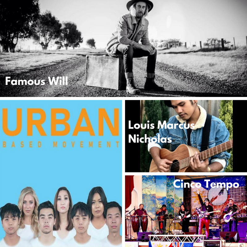 This is an image made of five different images like a grid. Clockwise: it is an image of Famous Will, this is a black and white image. He is sitting on a suitcase with his guitar on a dirt track, then there is a pic of Cinco Tempo performing on a stage, then a picture of Louis Marcus Nicolas. He has shorty dark hair and is holding an acoustic wooden guitar outside. there is a wooden fence behind him. The last pic of of Urban Based Movement. They are a dance group made up of 7 people. there are four men in the frront row, all with short, dark hair. The back row is three girls, two with long dark hair and one with blonde. The background is baby blue and there are orange letters above the people that say 'urban based movement'