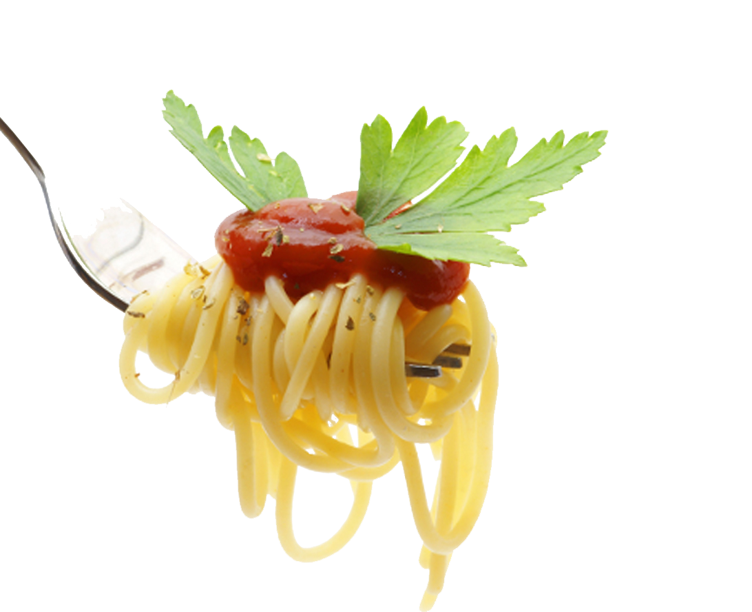 Photo d'une fourchette prenant une part de pâtes, mais le tout couvert d'une petite tomate montée de feuilles vertes. 