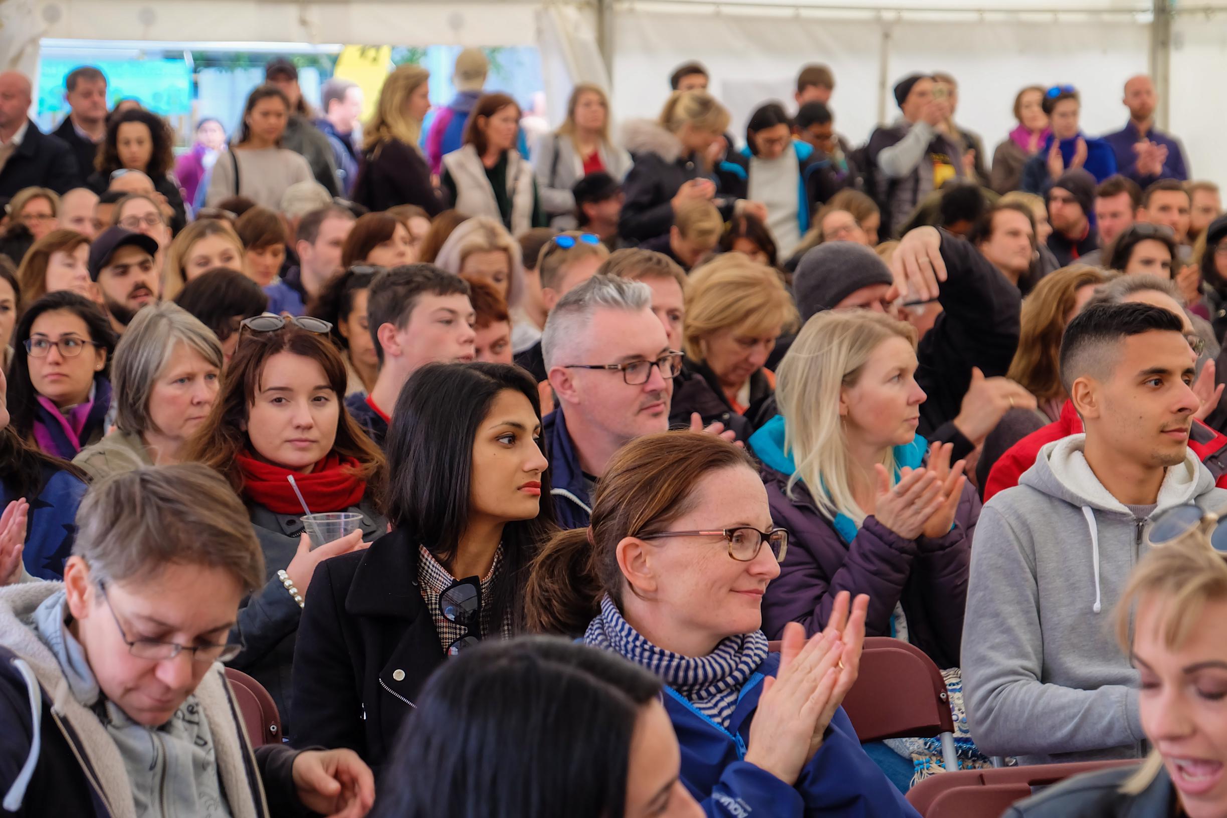 AUDIENCE IN LARGE TENT AT TALK. DUBLIN VEGFEST