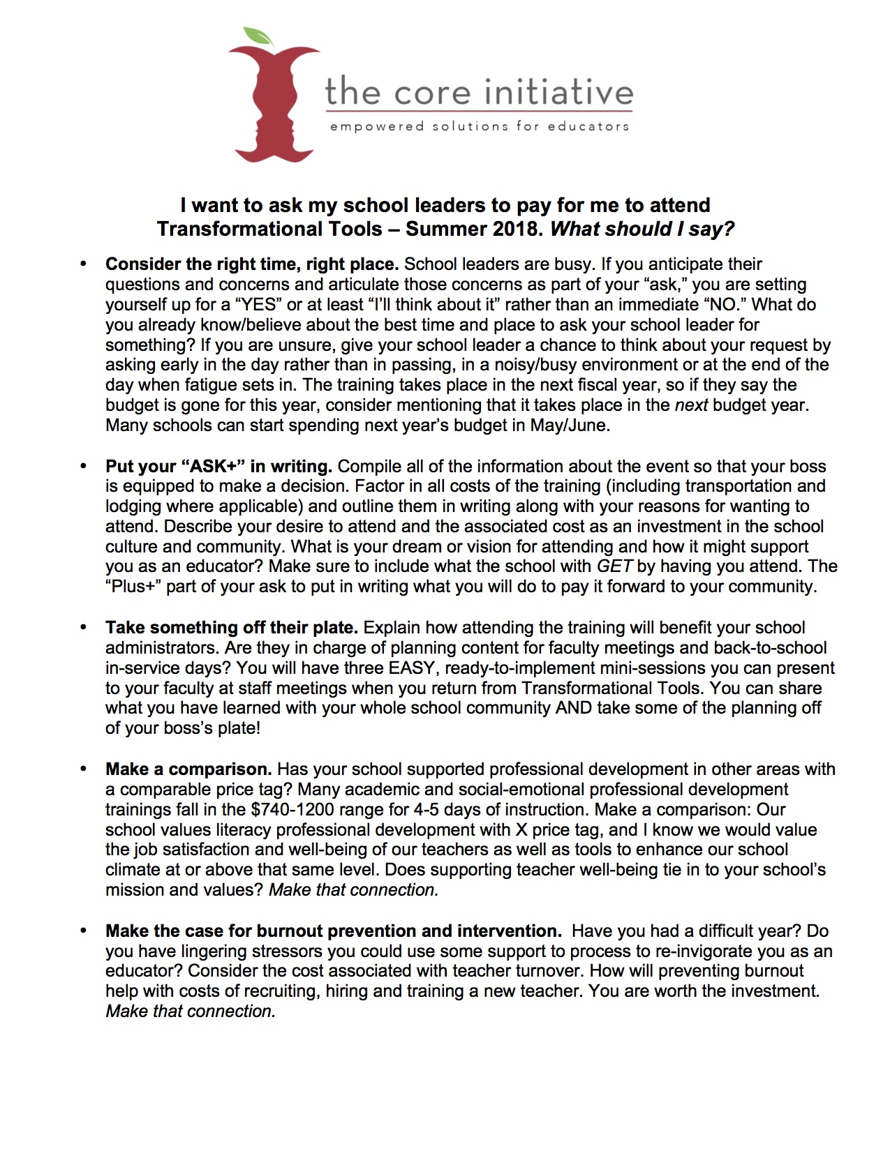 This image is a jpeg of a document that describes talking points teachers can use to get their school leader's to fund their participation in the training. For a pdf of the document, please email sara@thecoreinitiative.com.
