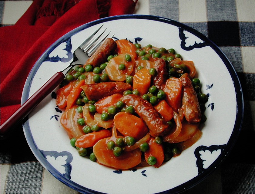 German OktoberFest Bratwurst: Pork Sausages simmered with Yukon Gold Potatoes, Carrots, Green Peas, and Sweet Onions