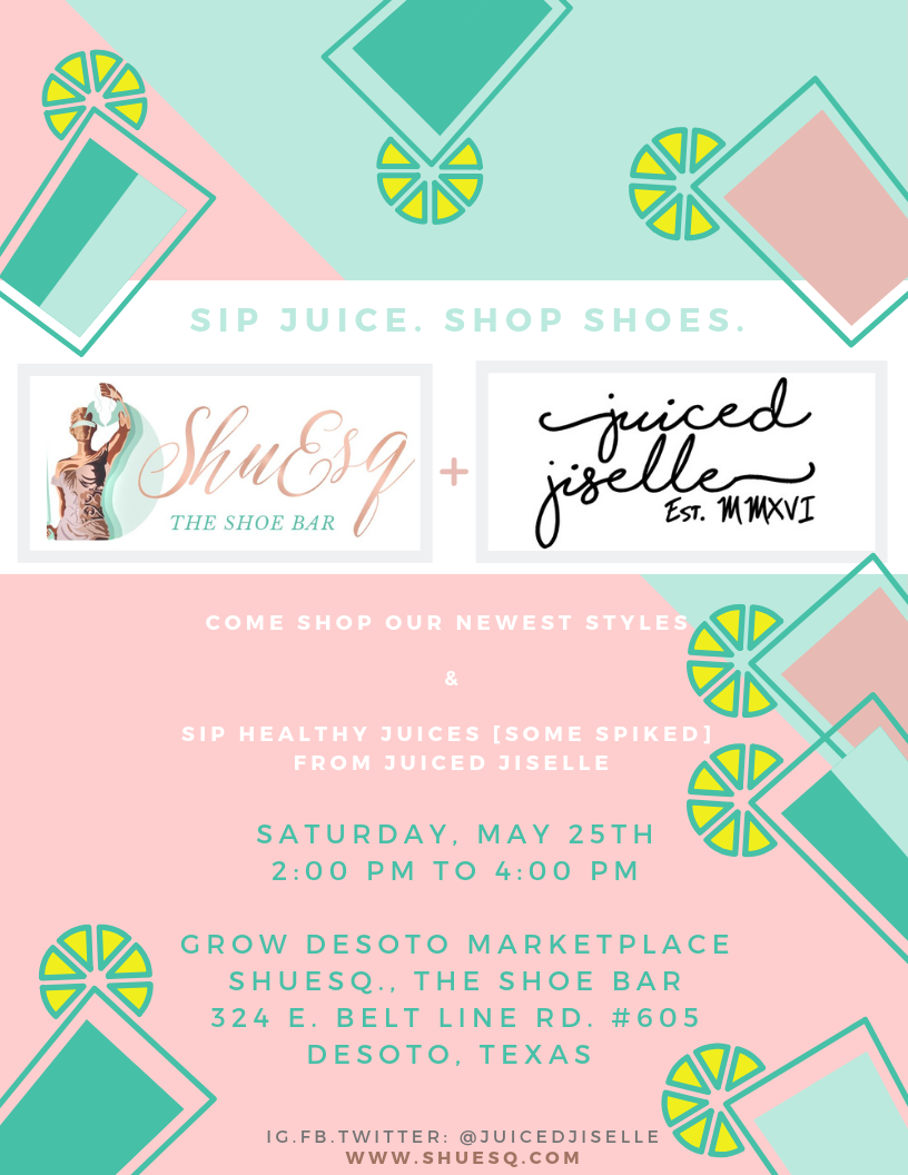 flyer for sip juie and shop new shoe event at Shuesq the mini shoe bar