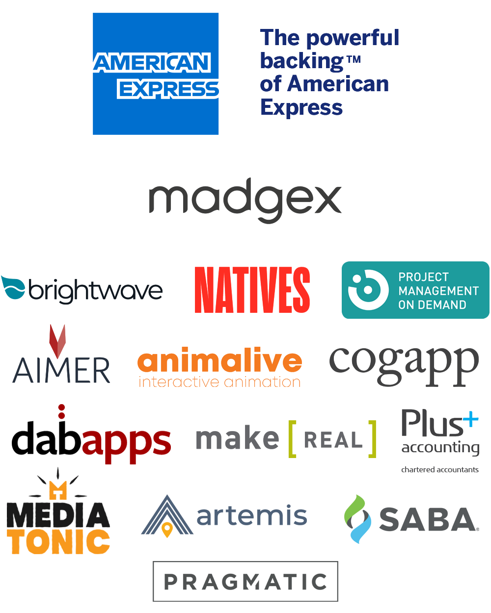 Headline sponsor: American Express, sponsor: Madgex, supporters: Brightwave Group, Dabapps, Aimer Media, Natives, Project Management On Demand, Plus Accounting, Animalive, Cogapp, Make Real, Mediatonic Games, Artemis Marketing, Saba, Pragmatic.