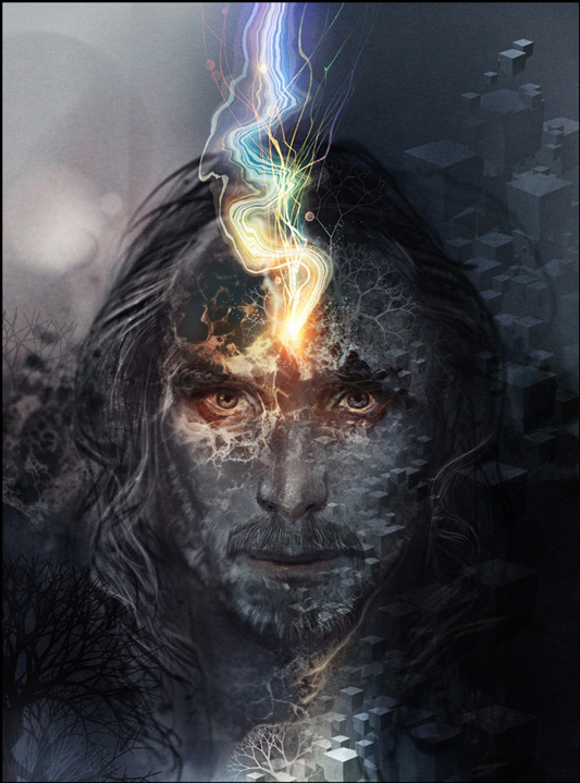 A portrait of Android Jones, framed close to his face, it is illustrated and overlaid with different patterns, geometric shapes, and elements of nature in grayscale. Android Jones has long hair and facial hair. There is a pastel rainbow colored electric current winding from his forhead to the top of the image frame. His eyes are confronting the viewer.