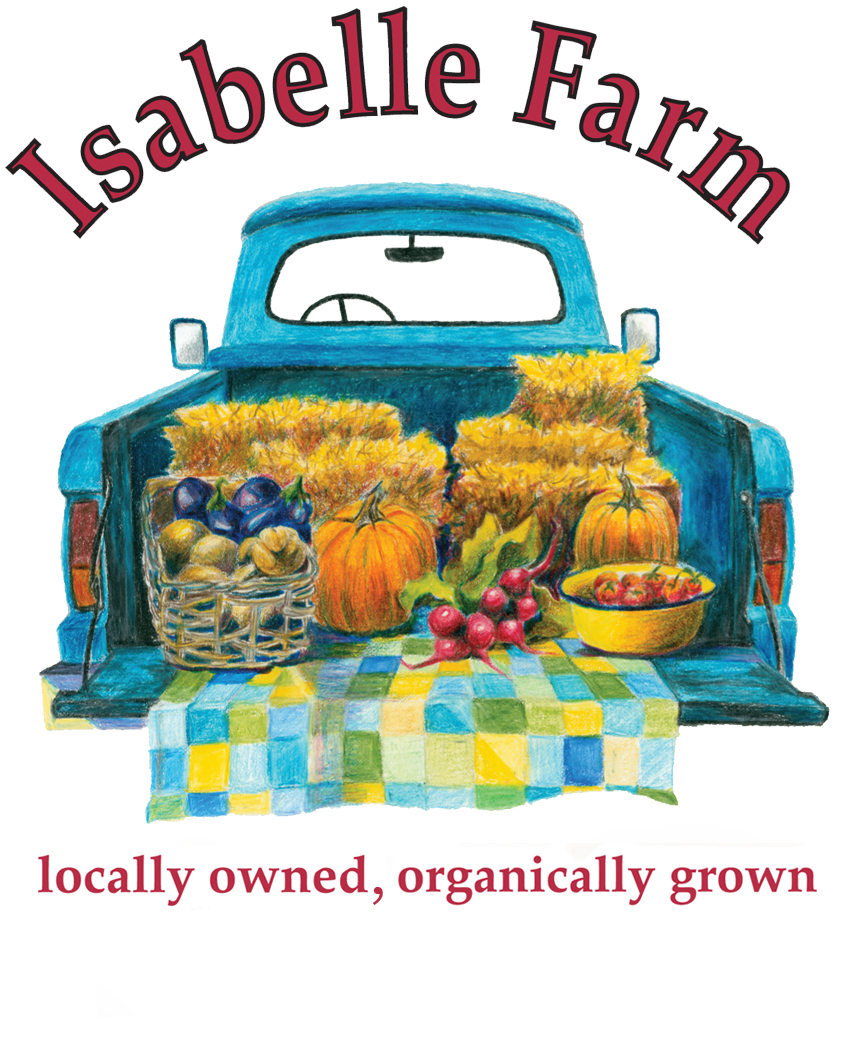 logo for isbelle farm in lafayette, locally owned, organically grown. an illustration of a blue pick-up truck from the rear with the bed door open and an offering of produce on a checkered blanket