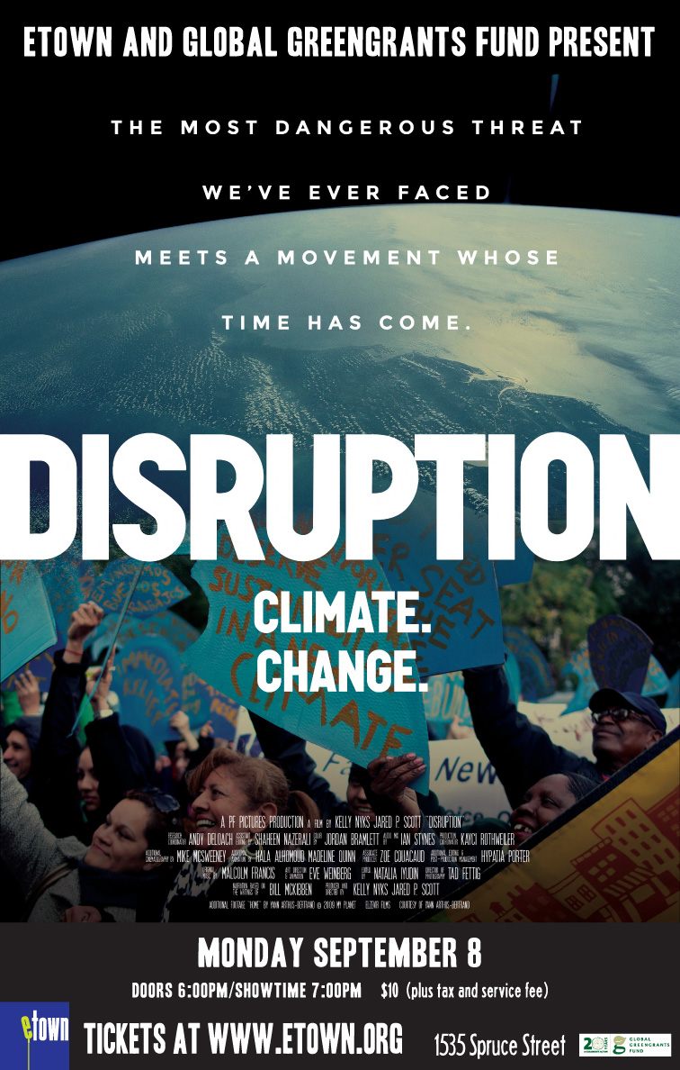 movie poster fpr the film Disruption, an image of people and a view of earth from above with information about the film