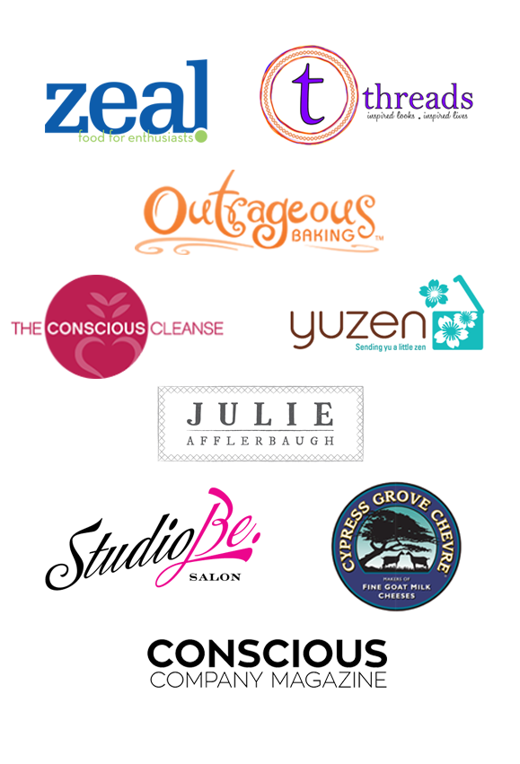 Collection of Power Night Boulder's sponsor logos: Zeal, Threads, Outrageous Baking, The Conscious Cleanse, Yuzen, Julie Afflerbaugh, StudioBe Salon, Cypress Grove Chevre, & Conscious Company Magazine 