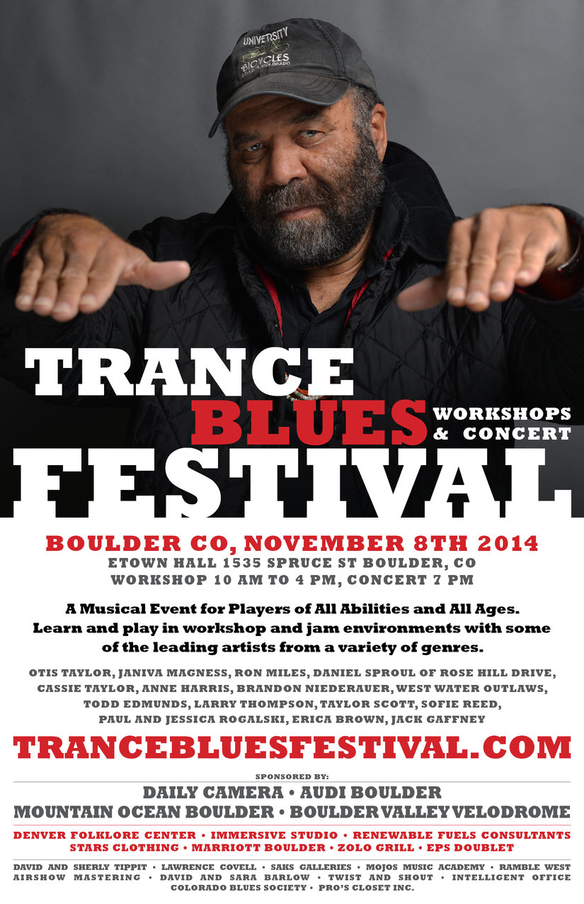 a poster for the Trance Blues Jame Festival with Otis Taylor at the top wearing a hat and holding his fingertips out to the audience. The rest of the poster is filled with text and information regarding the event, which is also below the image in the body of the ticket details