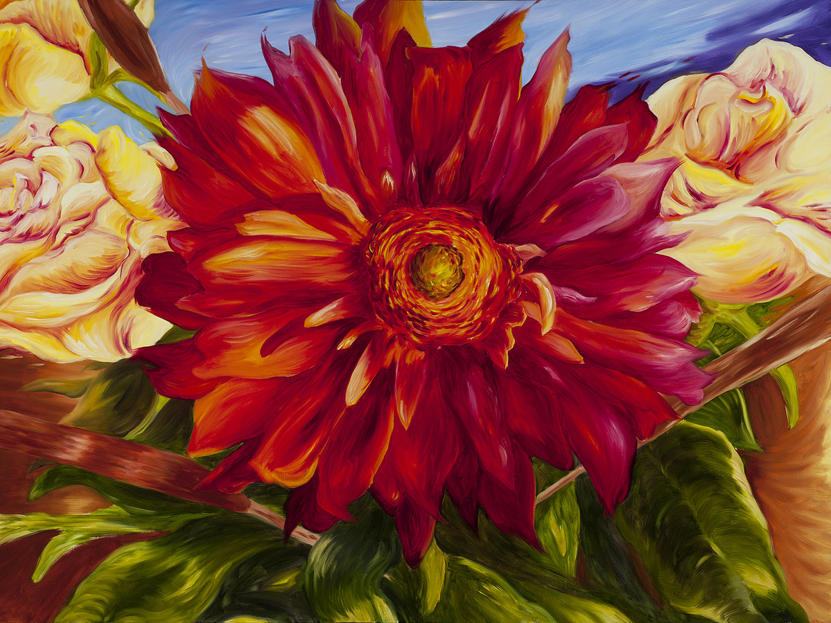 a painting of a large red flower, with other lush blues and oranges in the background