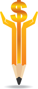 A yellow pencil with a pair of cupped hands framing a dollar sign