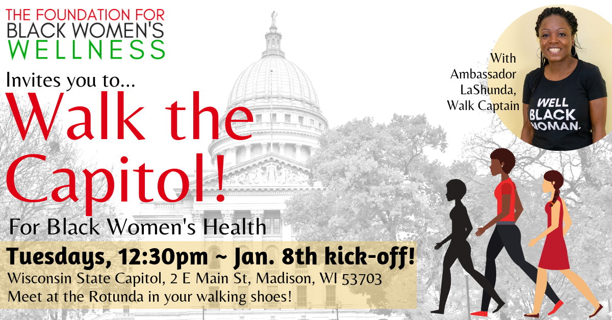 Flyer with image of WI State Capitol and Smiling Woman