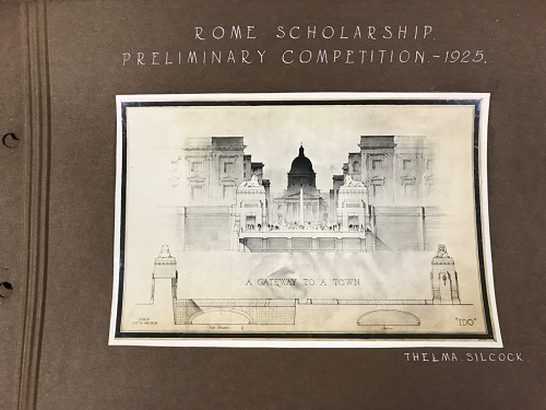 Photo of the drawing is from UoL archive - Preliminary and final drawings for the Rome Scholarship 1920s. Drawing by Thelma Silcock.