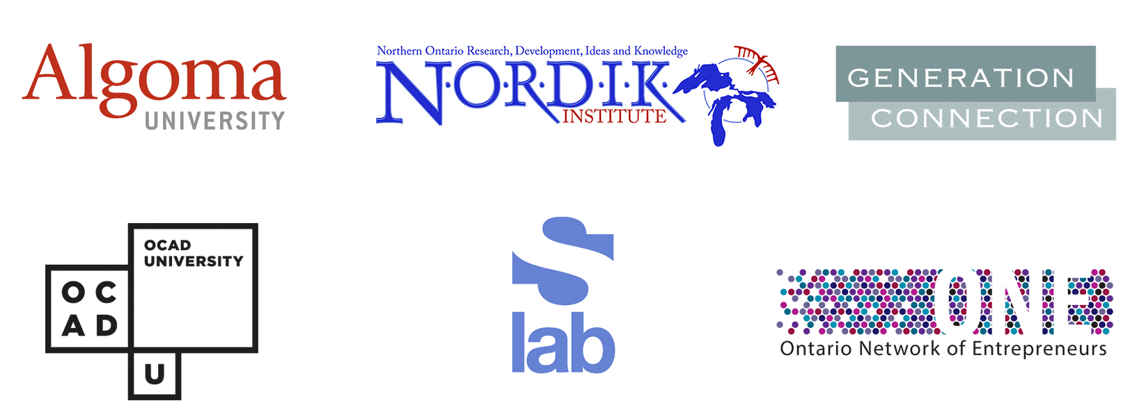 logos for Algoma U, NORDIK, OCADU, sLab, ONE logos for Algoma U, NORDIK, OCADU, sLab, ONE