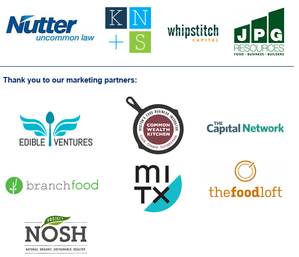Logos of event Marketing Partners: Edible Ventures, Commonwealth Kitchen, The Capital Network, BranchFood, MITX, The Food Loft, Project NOSH