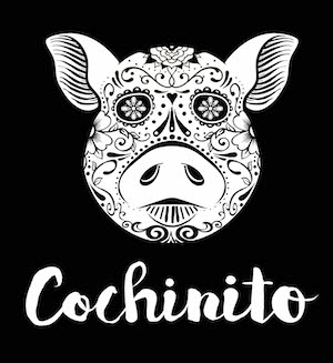 black and white pen drawing of decorated pig head with Cochinito written underneath