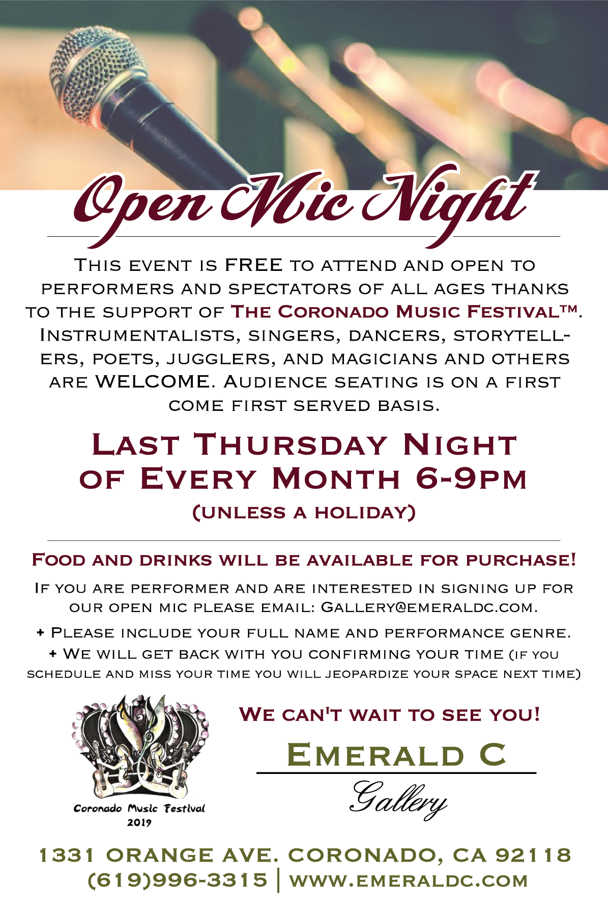 Open Mic Night - Fundraiser for the Coronado Music & Arts Festival- Sponsored by The Coronado Music & Arts Foundation!