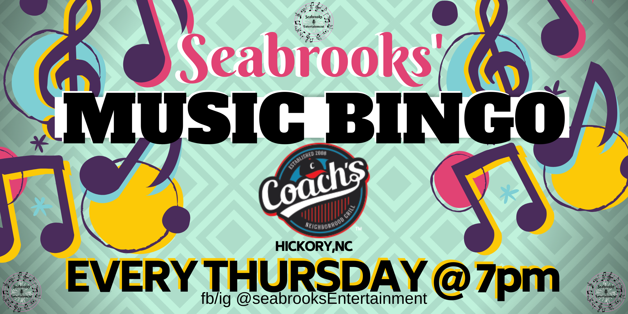 SEABROOKS’ MUSIC BINGO THURSDAYS,7PM@COACH’S HICKORY,NC.FREE,FUN,GREAT MUSIC!