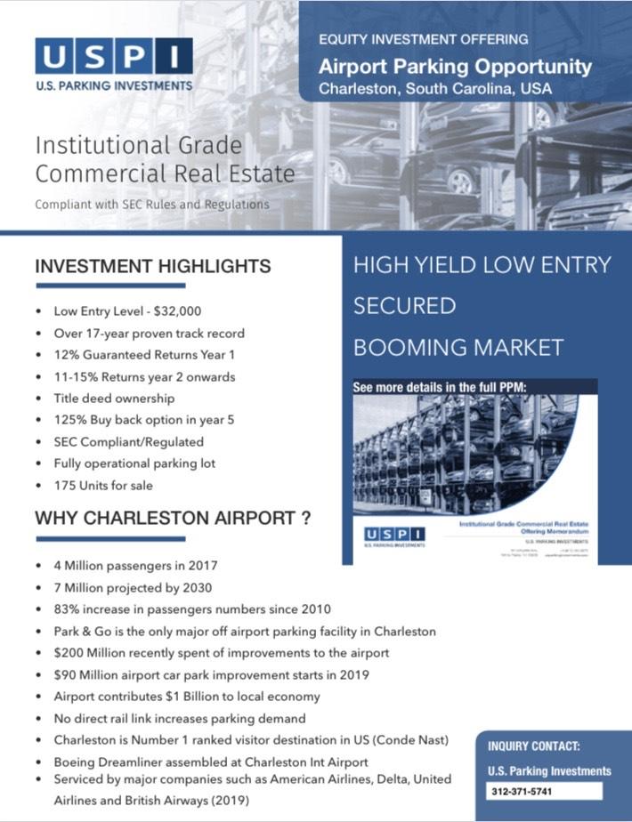 Commercial Real Estate Investing - Charleston International Airport Parking - Guaranteed Yield + Buyback Guarantee - Columbia