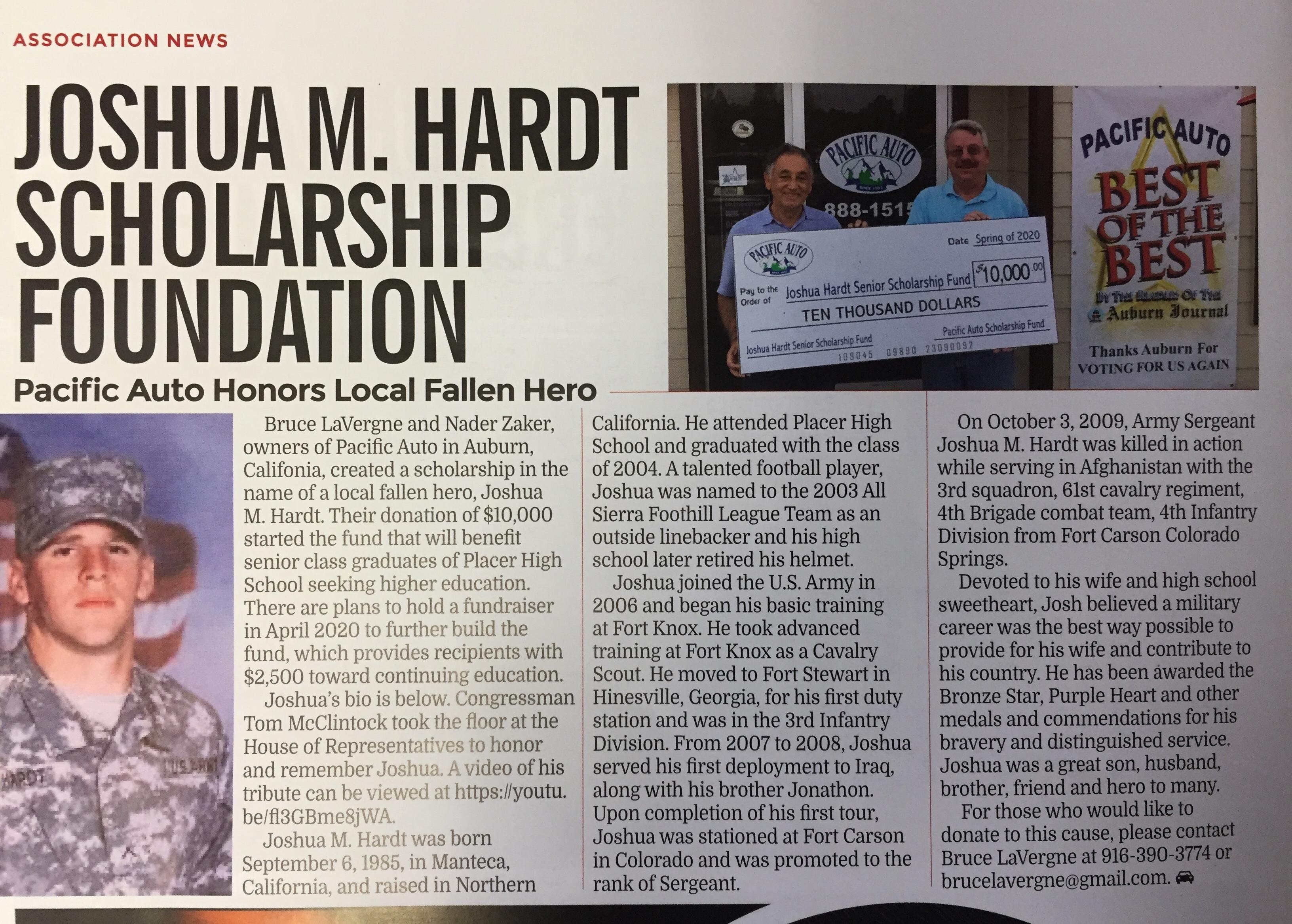 Joshua M. Hardt Memorial Scholarship, Presented by Pacific Auto