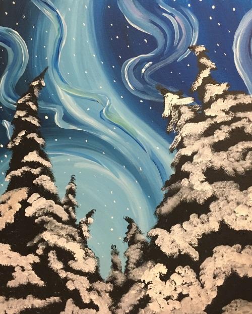 A fun evening with Paint and Sip to paint this wintery forest, 'Winter Sky'
