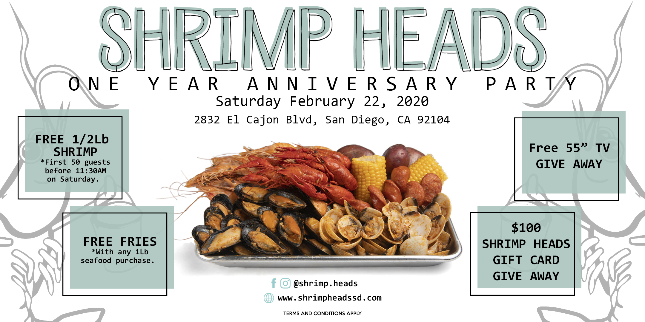 SHRIMP HEADS San Diego 1 YEAR ANNIVERSARY PARTY! FREE SHRIMP, FREE TV+MORE