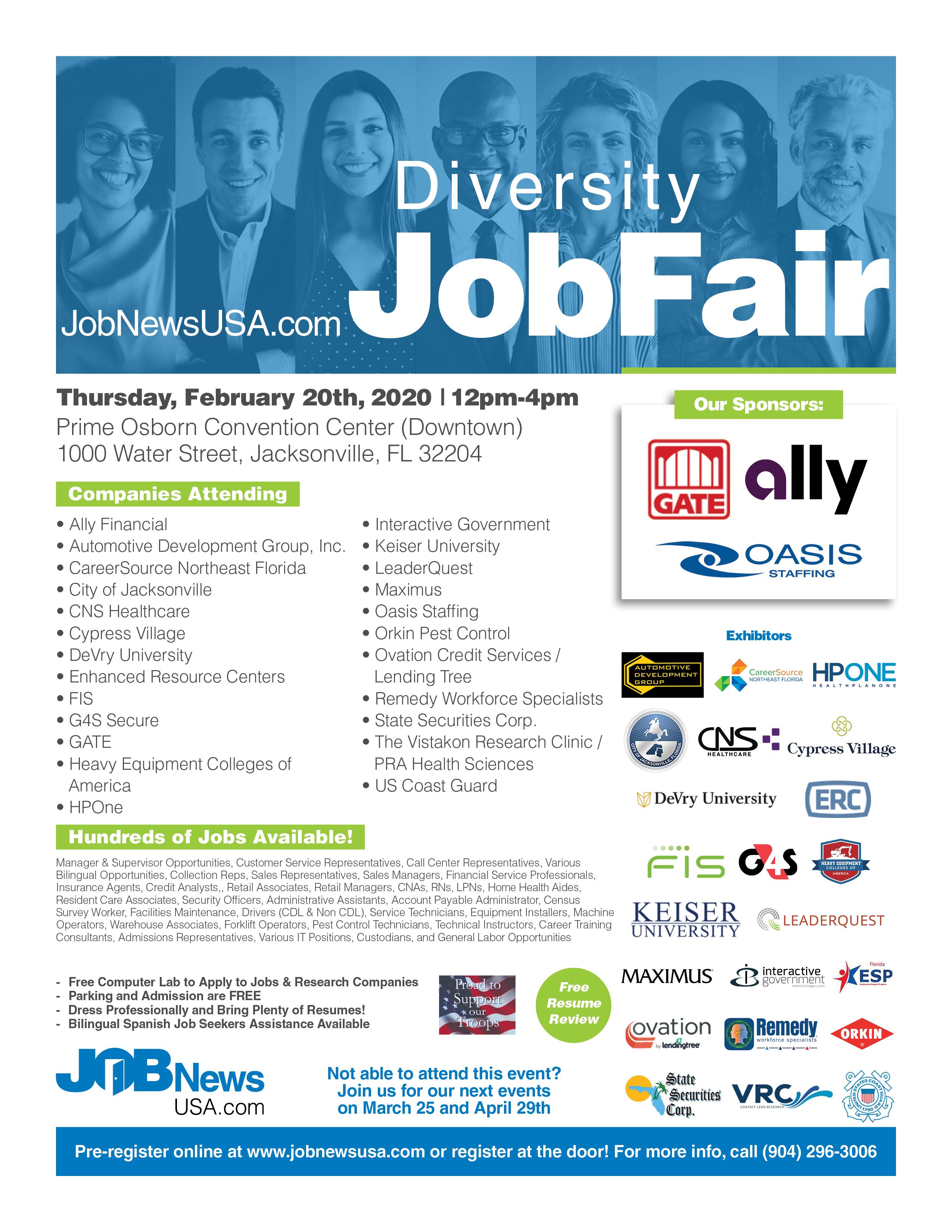 ** Huge Jacksonville Job Fair - 30+ Companies & 100's of Jobs ** - 20 FEB 2020