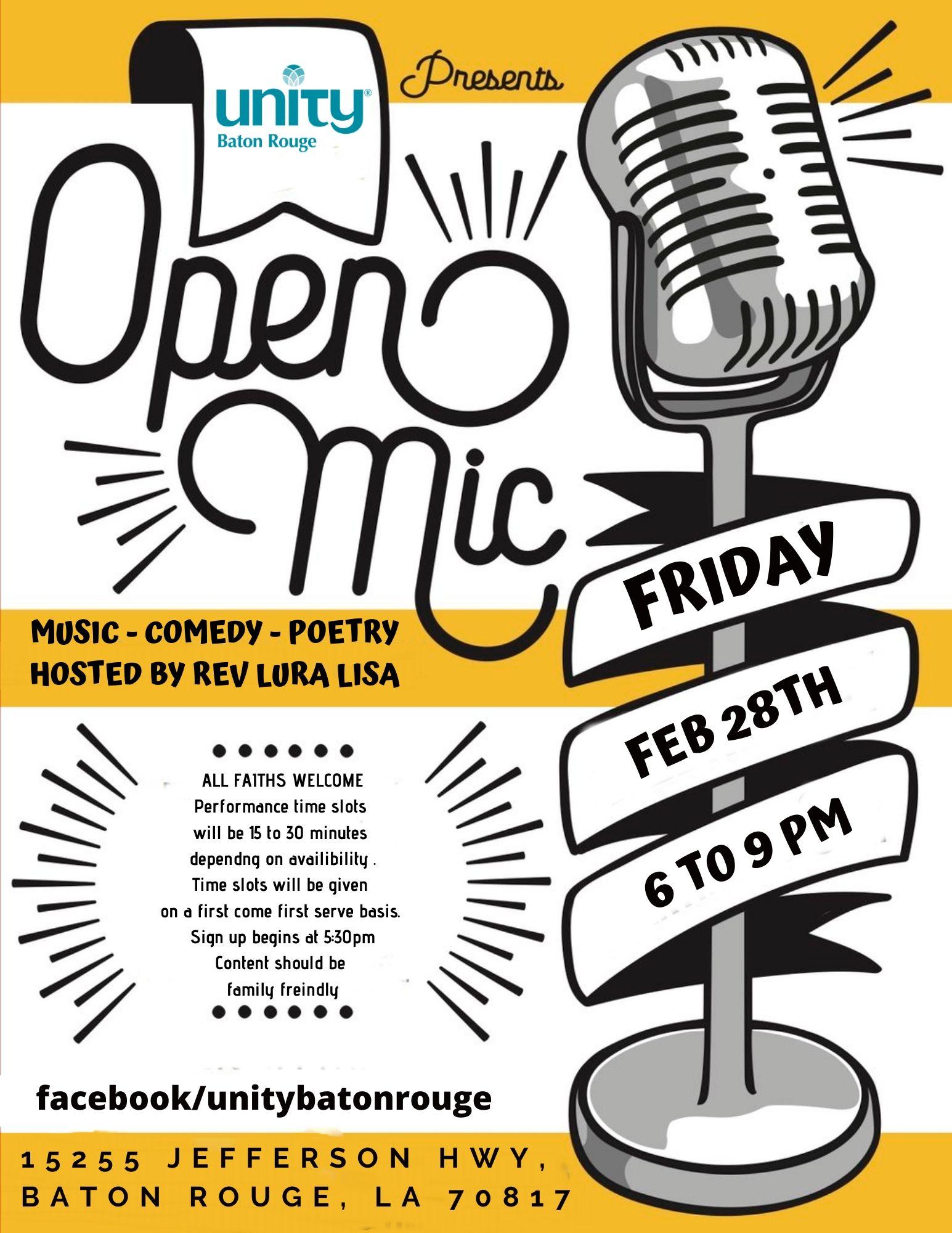 Open Mic Night (music/comedy/poetry) FRI FEB 28th 6-9 at Unity Baton Rouge