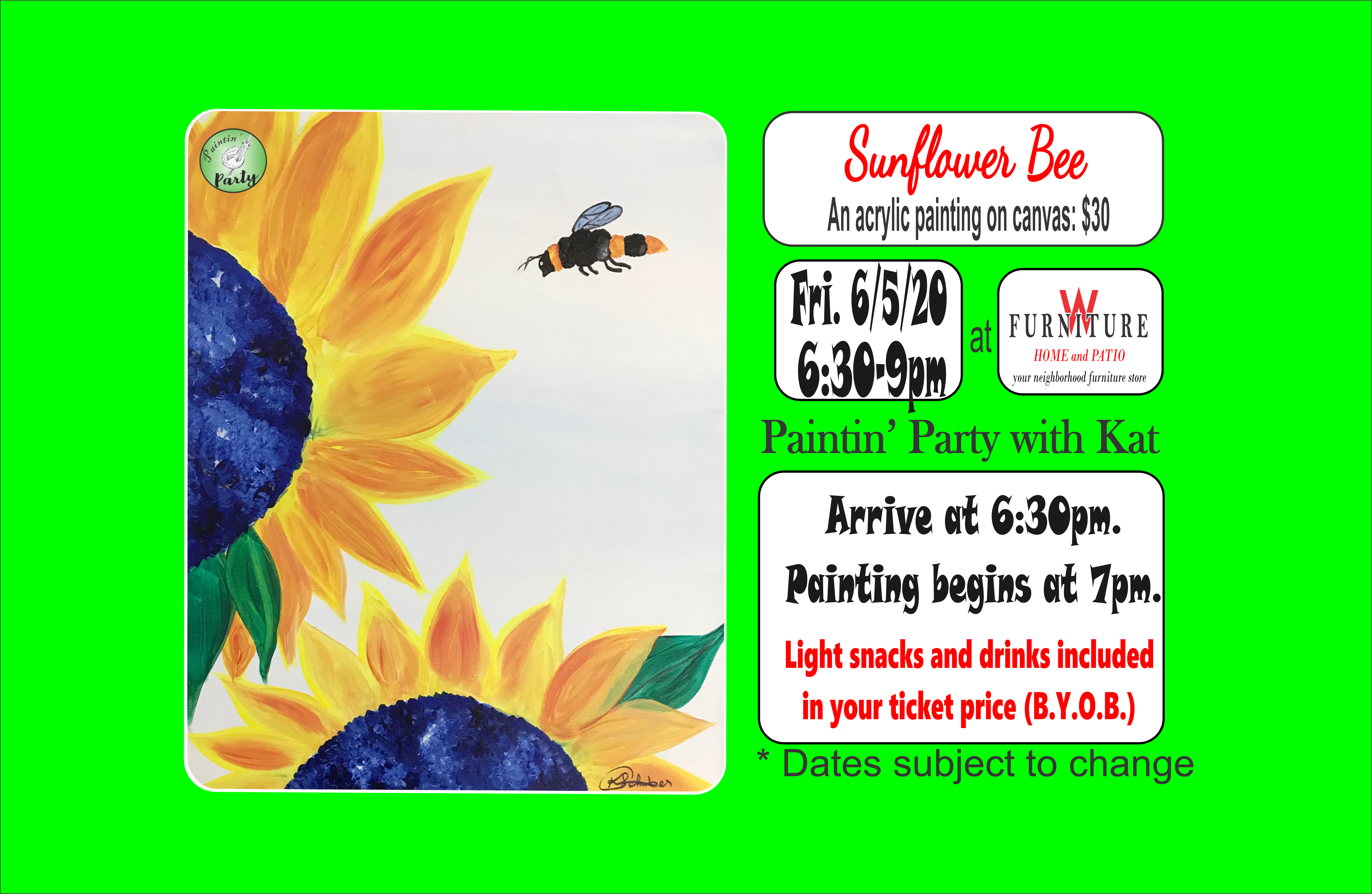 PAINTIN' PARTY with KAT: Sunflower Bee (ACRYLIC PAINTING on CANVAS)